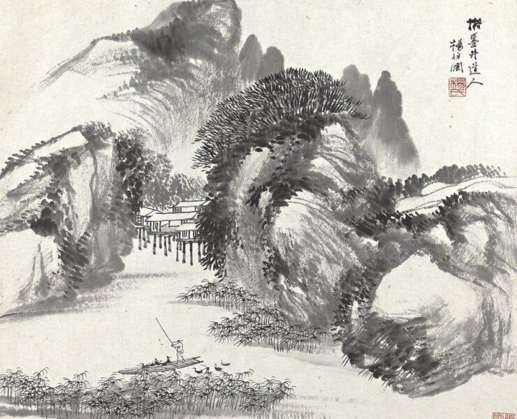 清楊伯潤 1874年作〈山水冊〉，33.6×37.6公分。圖為其中二開。
