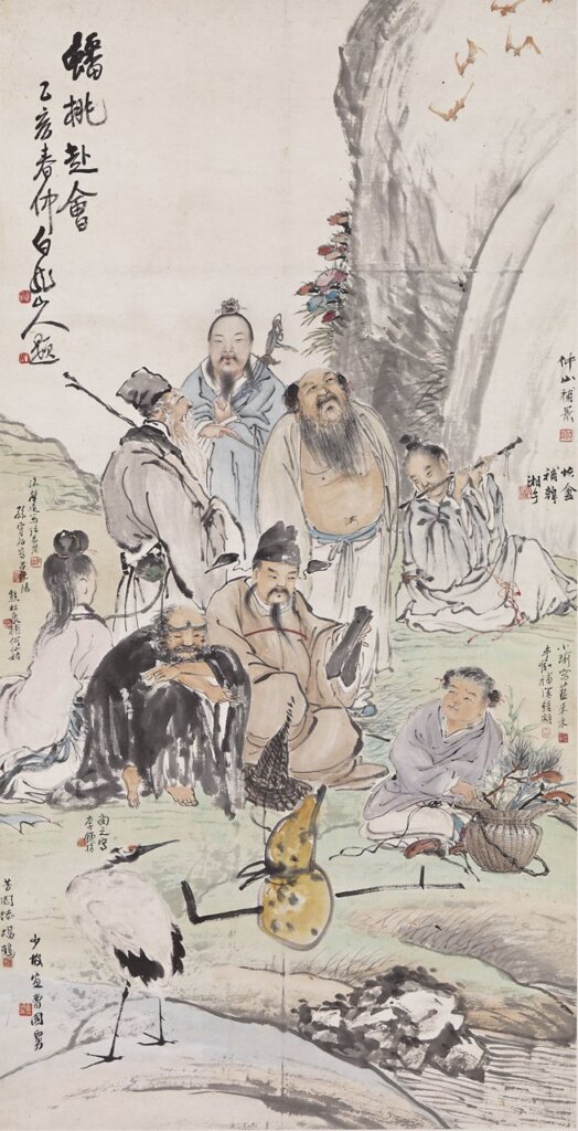 民國王震等人〈合作蟠桃赴會〉,133×68公分。