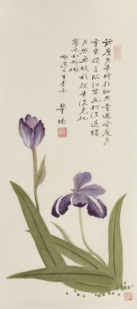 松蔭藝術:董橋2018年作〈錄胡適《生查子》〉顧靜畫箋,絹本水墨絹本設色,40×18公分。