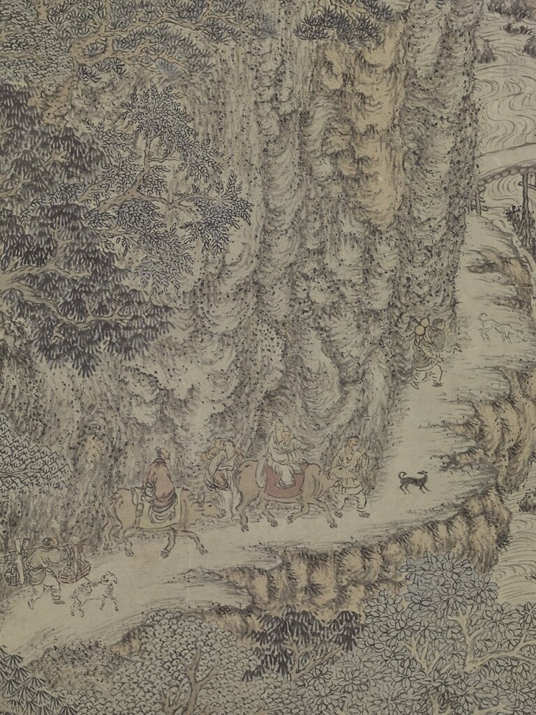 明鄭重〈倣王蒙葛洪移居圖〉，135.8×29.1公分。圖為局部。