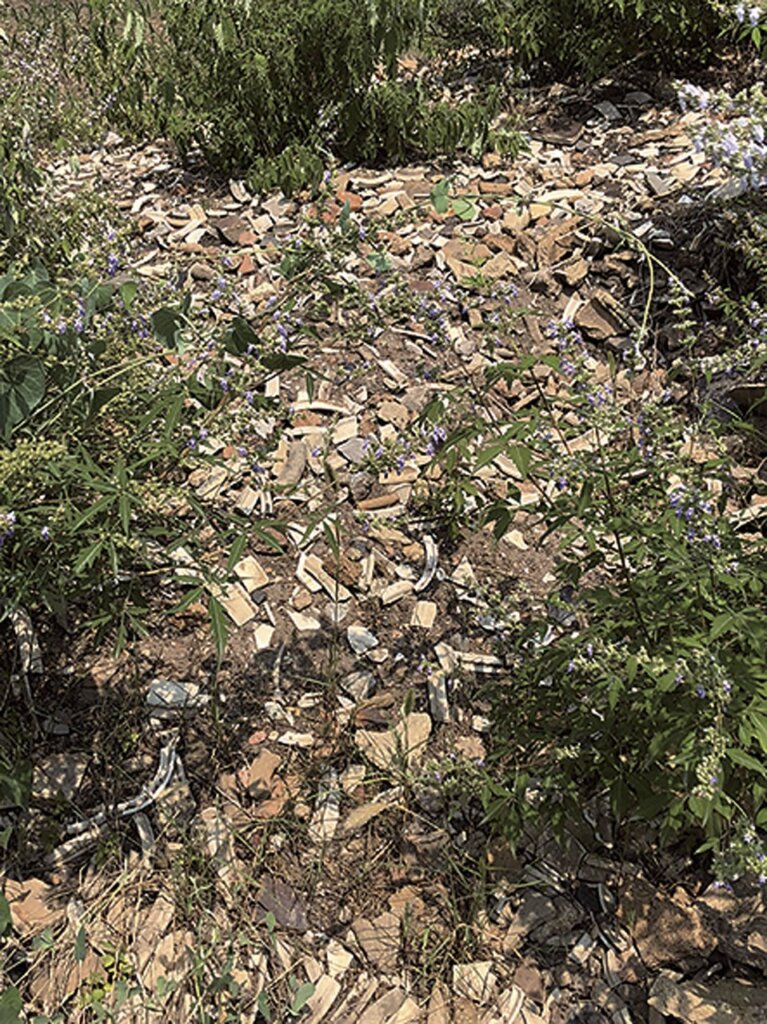 澗磁嶺土丘一景,地面上可見支圈、泥條等廢棄窯具和瓷片。