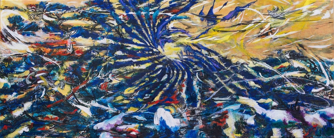王淑鈴《吟唱的河流5》，壓克力顏料、油彩、畫布，100x250cm，2017-18。（采泥藝術提供）
