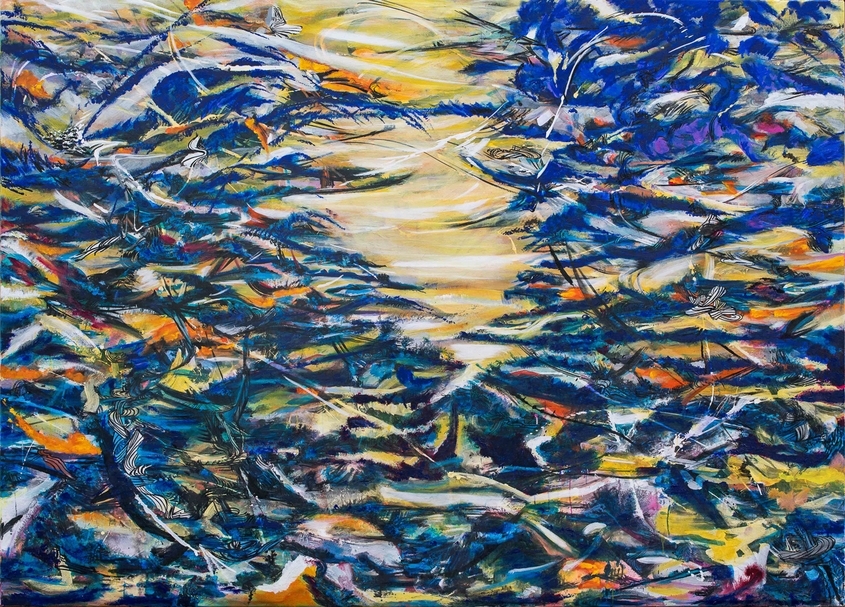 王淑鈴《吟唱的河流8》，壓克力顏料、油彩、畫布，200x280cm，2017-18。（采泥藝術提供）