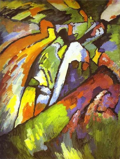 瓦西里．康丁斯基（Ｗaasily Kandinsky），〈即興7號〉，油彩畫布，131×97cm，1910，莫斯科The Tretyakov Gallery。