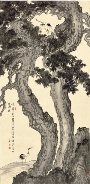 溥儒《鶴壽松齡》，估價150萬至200萬港元，成交價1,392萬港元。（蘇富比提供）
