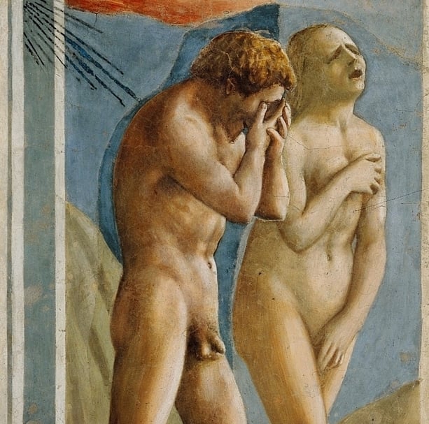 馬薩喬（Masaccio）《逐出伊甸園》（Cacciata dei progenitori dall'Eden）局部，1426-1427。（© 維基百科）
