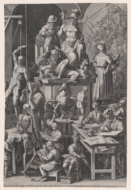 史特拉丹努斯（Stradanus，亦稱Jan van der Straet），《藝術學院》（The pratitioners of the visual art），1578年由寇特（Cornelis Cort）仿製。（© 大都會美術館）