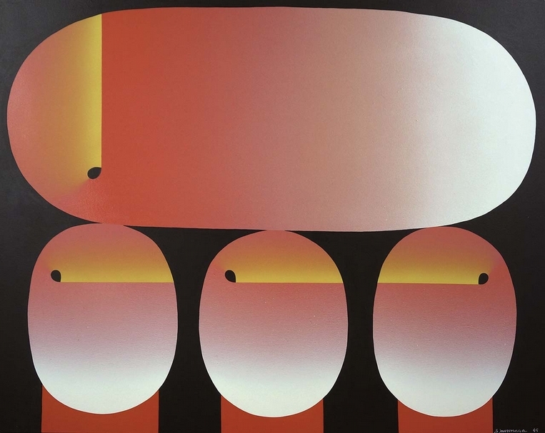 元永定正《あかながだえんとまるみっつ》，壓克力、畫布 130×162cm，1995。圖｜也趣藝廊