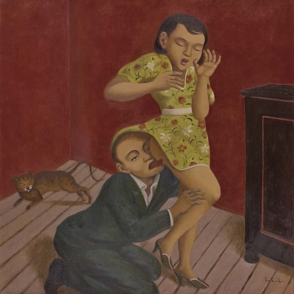林麗玲《貓》，油彩、畫布，120×120cm，2018。（敦煌藝術中心提供）