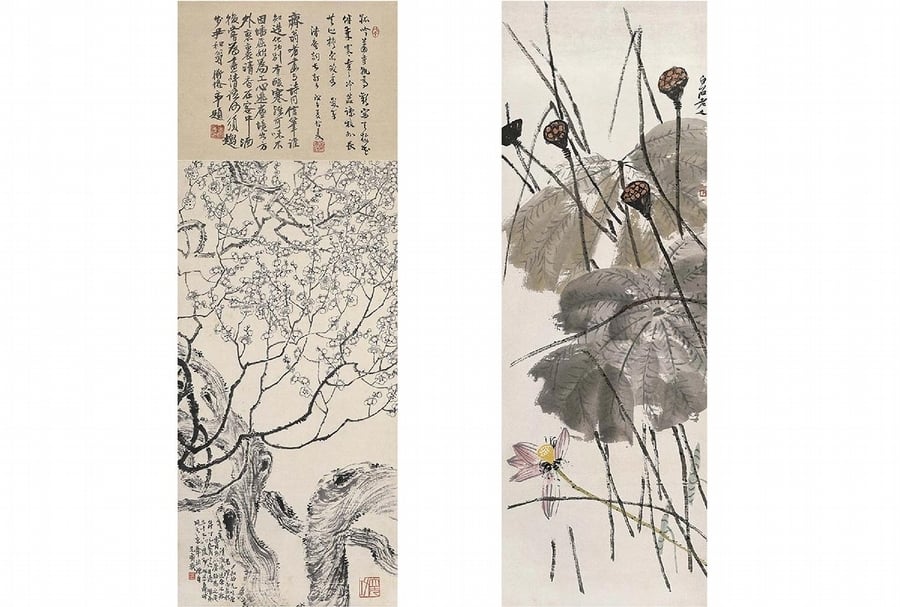 圖1（左）齊白石1917年作〈墨梅〉軸，紙本墨筆，116×42.5公分。「中国近代画の巨匠 白石」展品。（右）齊白石〈秋荷〉軸，紙本設色，137.5×47公分。 圖︱北京畫院