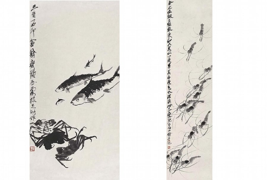 圖2 （左）齊白石〈魚蟹圖〉軸，紙本墨筆，95.5×47.5公分。（右）齊白石〈蝦〉軸，紙本墨筆，134×33公分。 圖︱北京畫院