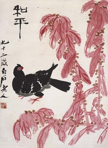 齊白石1952年作〈和平圖〉軸，紙本設色，68×50公分。「中国近代画の巨匠 白石」展品。 圖︱北京畫院