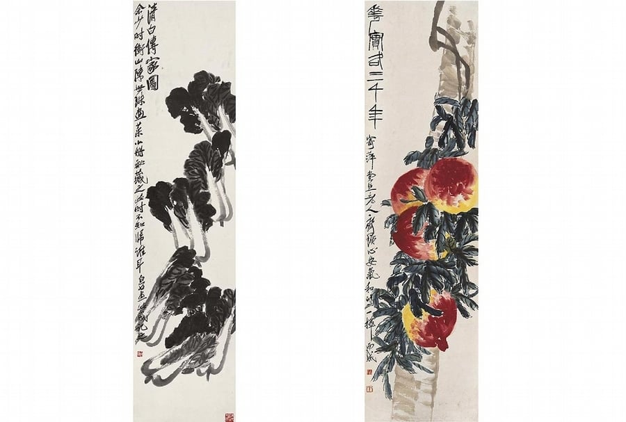 圖5 （左）齊白石〈清白傳家圖〉軸，紙本墨筆，136.5×33.5公分。「中国近代画の巨匠 白石」展品。（右）齊白石〈壽桃〉軸，紙本設色，179×48.5公分。 圖︱北京畫院