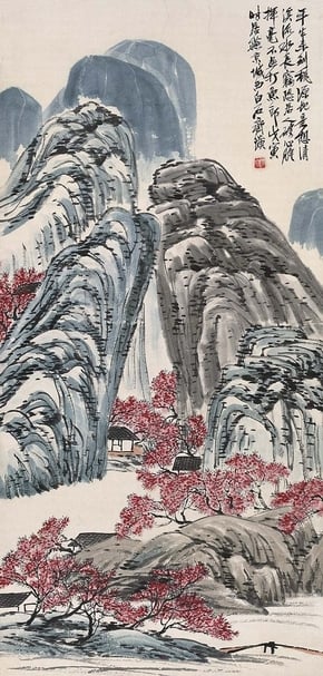 圖10 齊白石1938年作〈桃花源〉，鏡芯紙本設色，101.5×48公分。「中国近代画の巨匠 白石」展品。 圖︱北京畫院