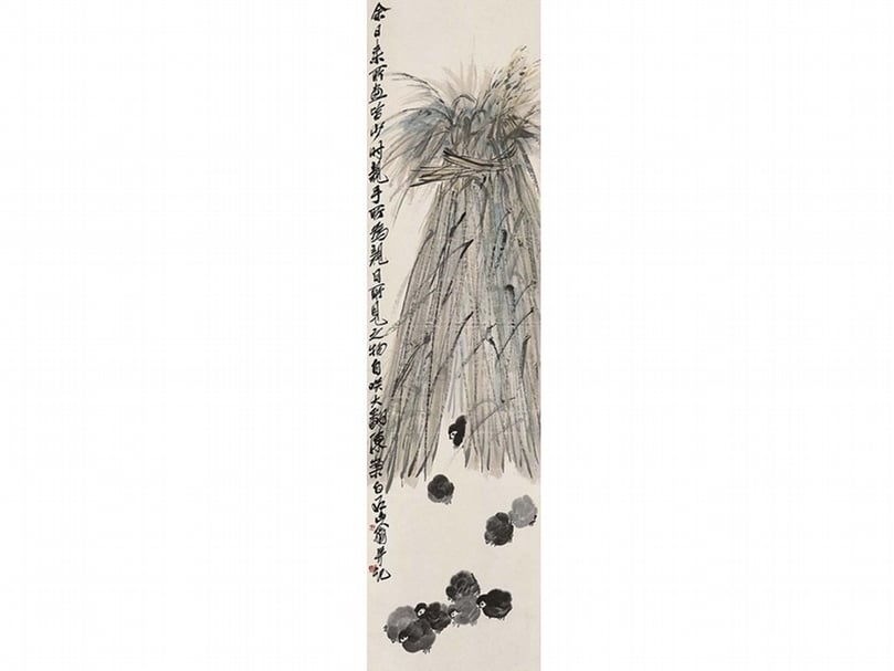 圖3 齊白石〈稻草小雞〉軸，紙本墨筆，133×33.5公分。 圖︱北京畫院