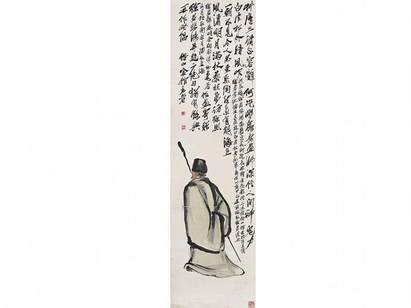 圖8 齊白石〈尋舊圖〉軸，紙本設色，151.5×42公分。「中国近代画の巨匠 白石」展品。 圖︱北京畫院