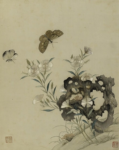 明韓希孟〈繡花卉蟲魚冊．湖石花蝶〉，上海博物館藏。（中華文物學會提供）