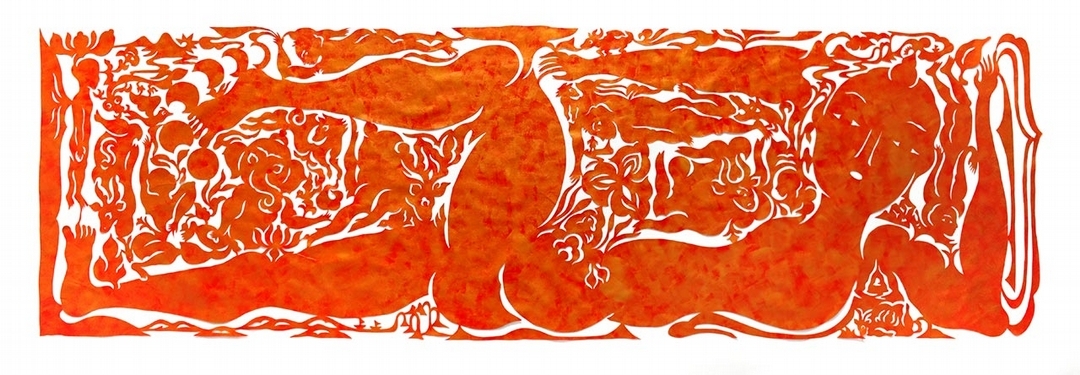 吳耿禎《走河／紅金》，壓克力顏料、棉紙，57×185cm，2018。（尊彩藝術中心提供）
