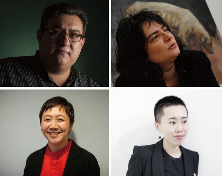 「2018上海雙年展：禹步」策展團隊，夸特莫克．梅迪納（Cuauhtémoc Medina，左上）、瑪莉亞．貝倫．賽斯．德伊瓦拉（María Belén Sáez de Ibarra，右上）、神谷幸江（Yukie Kamiya，左下）和王慰慰（右下）。（© 上海雙年展）