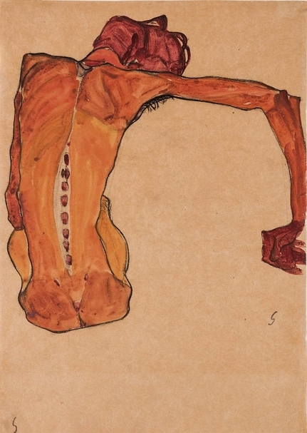 埃貢．席勒《Seated Male Nude, Back View》，水彩、水粉、黑色蠟筆、紙，43.8×31.1cm，1910。（©Hulya Kolabas for Neue Galerie New York，路易威登基金會提供）