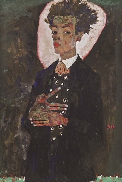 埃貢．席勒《Self-Portrait with Peacock Waistcoat, Standing》，水彩、水粉、黑色蠟筆、紙，51.5×34.5cm，1911。（© Ernst Ploil, Vienne，路易威登基金會提供）