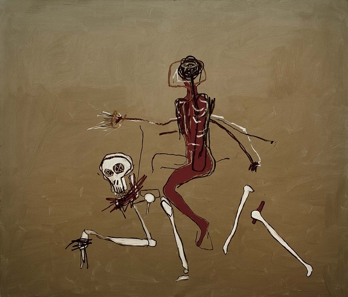 尚．米榭．巴斯奇亞《Riding with Death》。壓克力、油畫棒、畫布，248.9×289.5cm。（© Private collection, all rights reserved，路易威登基金會提供）