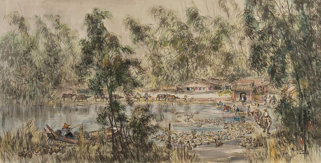 藍蔭鼎《宜蘭農家》，水彩，95x185cm，1964。（宜蘭美術館提供）