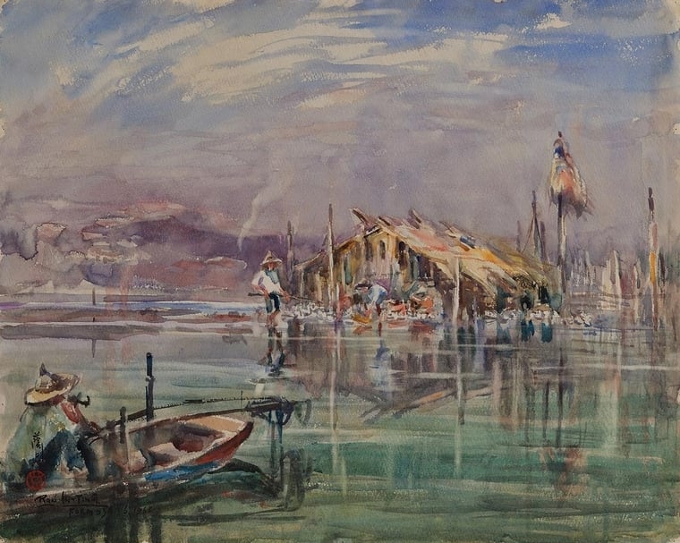 藍蔭鼎《江邊飼鴨》，水彩，42.3x52cm，1965。（宜蘭美術館提供）