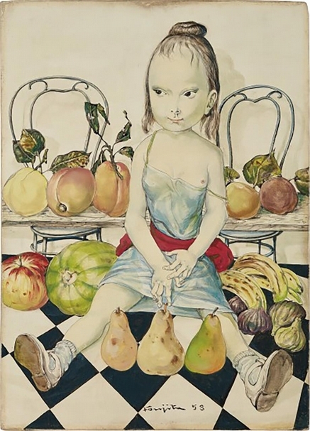 藤田嗣治《孩子與果子和菱格紋》，油畫、畫布，46×33cm，1958， 預估價600萬至800萬港元。（© Fondation Foujita / Adagp, Paris, 2018）