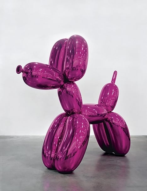 昆斯《氣球狗(品紅色)》(Balloon Dog (Magenta)).鏡面拋光不銹鋼、透明塗層.五個限量版本之一.1994 - 2000年。(本刊資料室)
