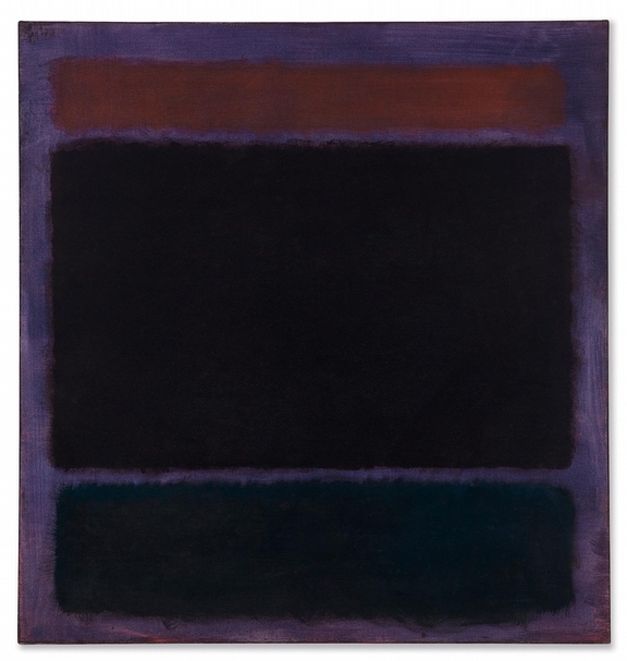 18 C.,馬克.羅斯科(Mark Rothko),《無題,(鐵鏽,梅花上的黑人)》(Untitled (Rust, Blacks on Plum)),60x57in.(152.5x145cm),1962,拍前估價:3千5百至4千五百萬美元,今晚成交額:3千571萬美元。(佳士得提供)