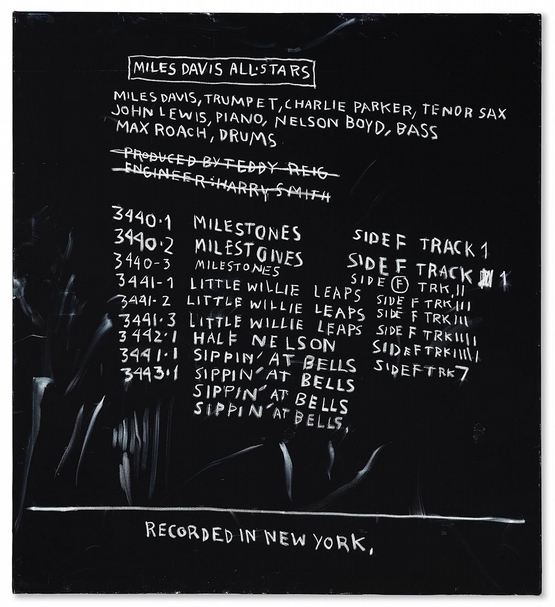 尚.米榭.巴斯奇亞(Jean-Michel Basquiat)《目錄二》(Discography Two),標題「Discography Two」(反面),66 1/8x 60 1/8in.(168x152.7cm),1983,拍前估價:2千至3千萬美元,今晚成交額:2千90萬美元美元。( 佳士得提供)