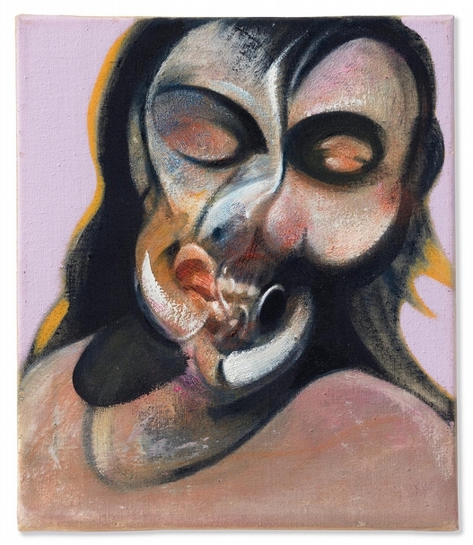 弗朗西斯.培根(Francis Bacon) 《Henrietta Moraes笑的研究》(Study of Henrietta Moraes Laughing),署名、標題與日期「研究Henrietta Moraes Laughing Francis Bacon 1969」(反面),14x12in.(35.6x30.5cm),1969,拍前估價:1千4百萬-8百萬美元,今晚成交額:2千168萬美元。( 佳士得提供)