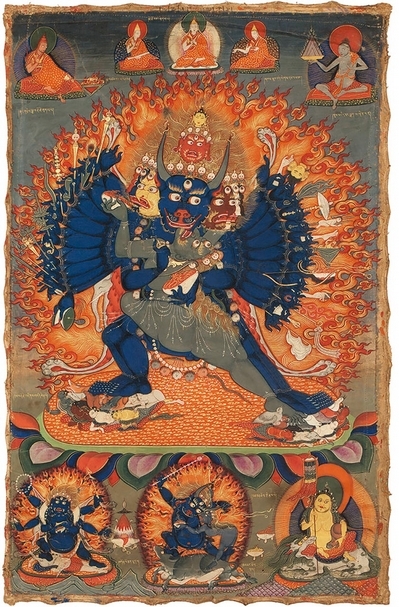 《大威德金剛唐卡》，棉布礦物膠彩，56x36cm，19世紀，西藏。（湛然國際提供）