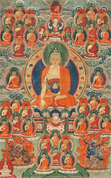 《釋迦牟尼佛唐卡》，棉布礦物膠彩，75x46.5cm，18世紀，西藏。（湛然國際提供）