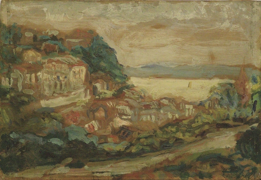 廖繼春《淡水遠眺》，油彩、畫布，22×32cm。（文化部提供）