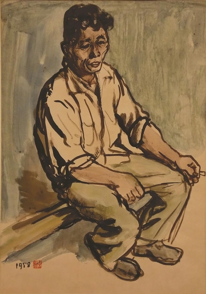 洪瑞麟《礦工像》，水彩畫，67×37cm，1958。（文化部提供）