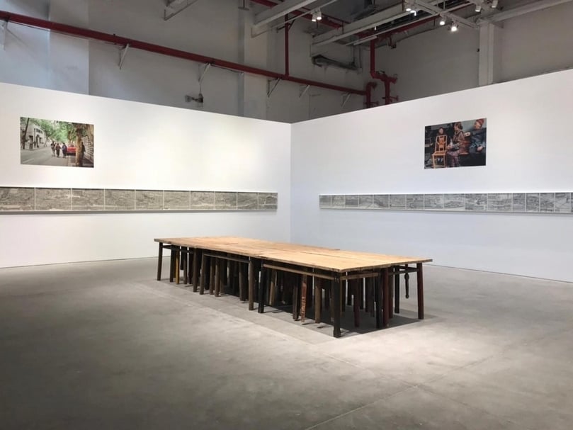 「全球都市 #1.5：延展智慧」展覽現場，曹明浩與陳建軍《一段河流的再註解之後》。（攝影／王萱）