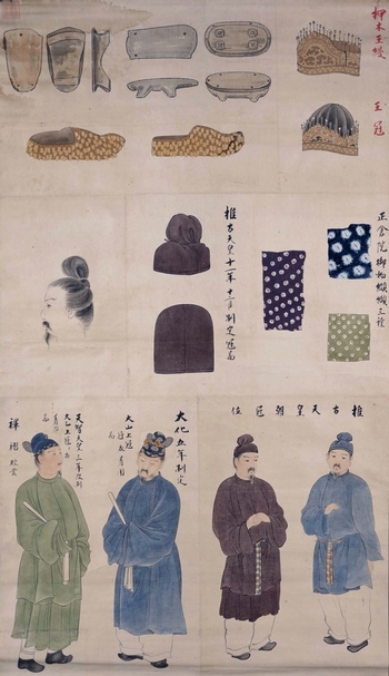 谷口香嶠（1864-1915）、猪飼嘯谷（1881-1939）《本邦風俗圖（第七冠帽上衣等）》，紙本、設色 ，163.6x77.4cm，京都，1909。（京都市立藝術大學藝術資料館典藏，京都大學博物館聯盟提供）