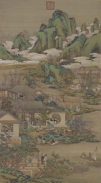 圖1 清畫院〈畫十二月月令圖（九月）〉，175×97公分。月令圖表現出當時12月份流行的花賞及節慶活動。而在被稱作「霜月」、「菊月」的九月，各式菊花爭先盛開，人們陶醉其中。文人賦詩吟賞，仕女牽著孩童在籬內觀花遊玩。圖︱國立故宮博物院
