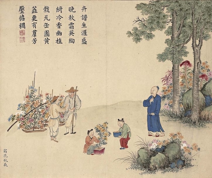 圖2 黃鉞〈霜花秋藝〉，29.2×35.8公分，收錄於〈畫春臺熙皋〉冊。畫中小販向人兜售花卉盆景。圖︱國立故宮博物院