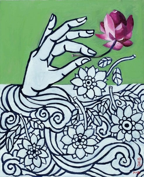 嚴明惠《捻花》,油彩畫布,80x65cm,2005。(名山藝術提供)