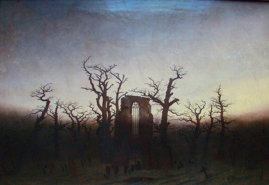 卡斯巴．佛烈德利赫（Caspar David Friedrich）《橡樹下的寺院》（Abtei im Eichwald），1840。（© Wikipedia）