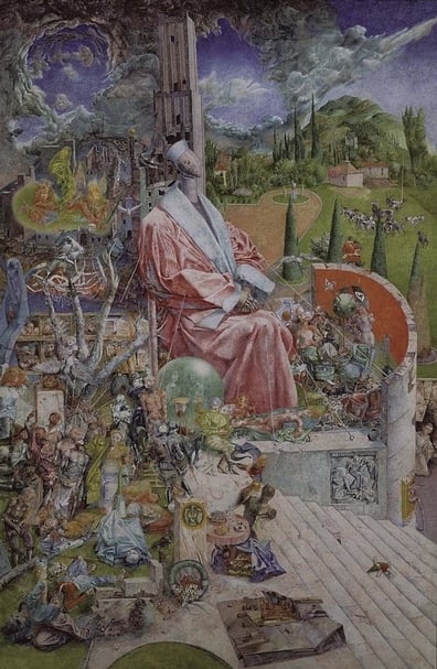 萊比錫畫派第一代藝術家，圖布克的《舒爾策博士的回憶錄》。此系列創作於1965至67年共12幅，此為第3幅。（本刊資料室）