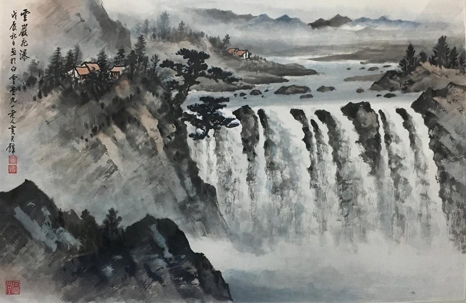 黃君璧《雲巖飛瀑》，89x60cm，91歲畫作， 1988。（從雲軒畫廊展視中心提供）