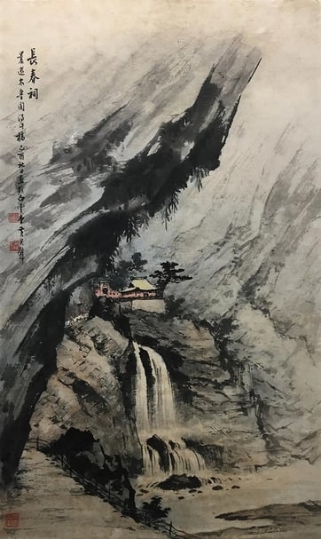 黃君璧《長春祠》，89x53cm，72歲畫作， 1969。（從雲軒畫廊展視中心提供）