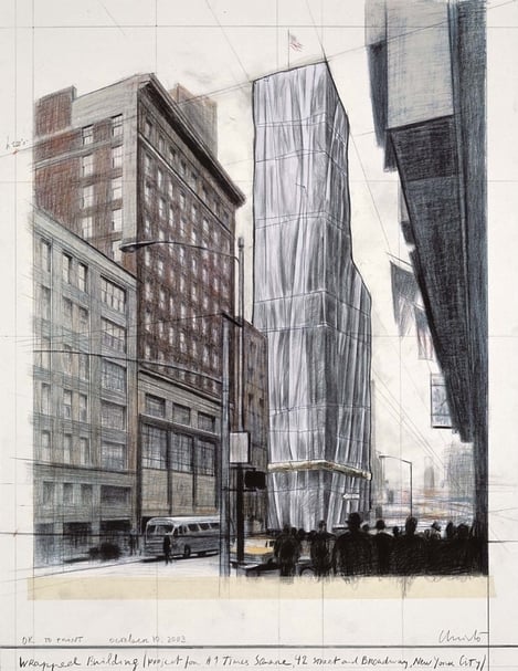 Christo Julian Opie《Wrapped Building, Project for #1 Times Square》，石版畫、絲網印刷、拼貼畫，77.5×59.7cm，2003。（德鴻畫廊提供）