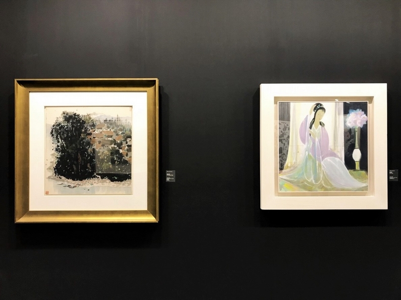 羲之堂於大師特展區所策劃的「大師之道」，左：吳冠中《侗家村寨》、右：藝術家林風眠《理鬢圖》。（本刊資料室）