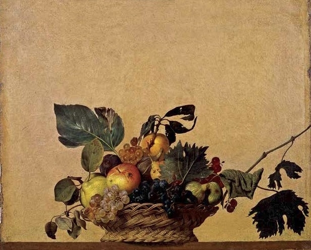 卡拉瓦喬，《水果籃》，約1597-1598年，油彩．畫布，31×47公分，義大利米蘭，安布羅西亞納美術館。