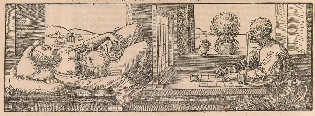 圖版出自阿爾布雷希特．杜勒（Albrecht Dürer）1538年出版的第二版《度量指南》（Underweysung der Messung）。（© The Metropolitan Museum of Art）